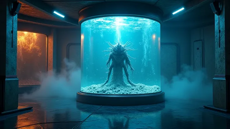 (masterpiece),  thong, ultra detailed CG wallpaper in 8k, dark, Mysterious,  science lab , bright radiation, large cylindrical glass aquarium with creature inside, pulsating energy, O dark,  Scary Atmosphere ,  smoke and mist .