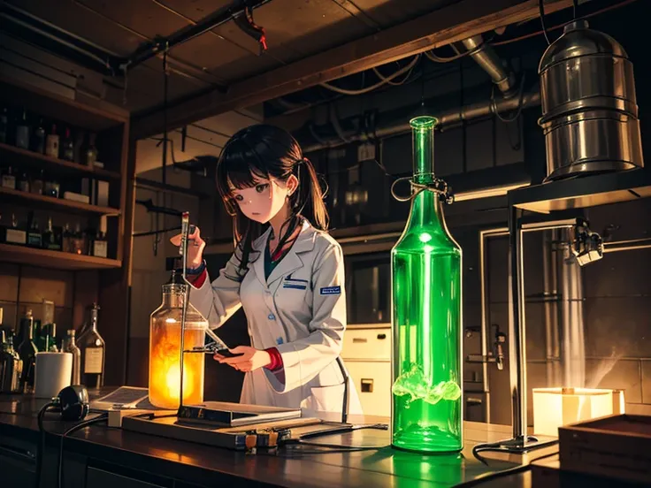 underground secret laboratory　 researcher in white coat 　Laboratory equipment　 glowing green liquid test tube such as an alcohol lamp　 alcohol lamp etc.　Suspicious Doctor 