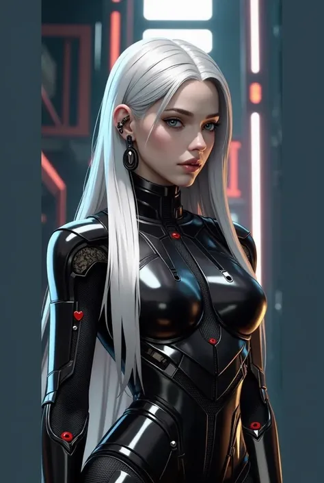 Beautiful lady, silver-white long hair, black sleek armor