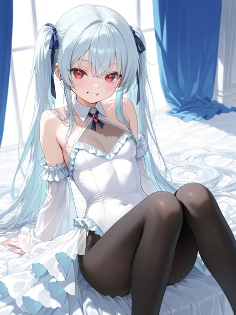 ((masterpiece, best quality, ultra-detailed character)), 1girl, silver hair, very long hair, twintails, red eyes, petite, white leotard, wing collar halter, see-through cleavage, frills, sleeveless, showgirl skirt, white detached sleeves, wide sleeves, lig...