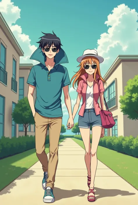 Anime Preppy boyfriend wearing a Massive Popped Collar Polo that's taller than his head while walking with with his Preppy girlfriend