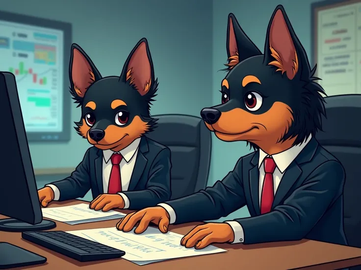 I need you to make a trading floor where you can tell that they are carrying out trading operations,  that the characters are executive dogs I want it to be in the form of a cartoon,  animated, drawn, with good lighting,  details and being a perfectionist ...