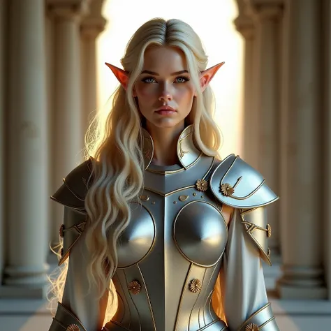 (((professional. highly detailed. HD. UHD. HDR. 16K. very high quality. clean. realistic  hyper realistic.))) a beautiful, blond-haired elf woman, fantasy setting, wearing intricate silver armor with golden floral designs, standing in throne room backgroun...