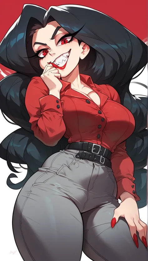 Beautiful attractive woman with long wavy shiny black hair, dark red eyes and long eyelashes wearing a red corset with buttons down a black women's bra, tight gray pants, long big thighs, black belt, sharp teeth and nails Sharp 