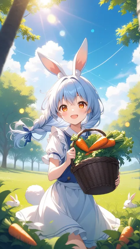 1 girl,
age 15,orange eyes,
happy smiling,
with braided hair,a carrot is stuck into each end her long light blue and white braided hair,
very happy holding a basket full of harvested carrots,
BREAK,
Back view of a cute white rabbit from front,center frame,...