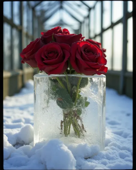 A bouquet of blood-red roses trapped in a block of ice, melting slowly under soft light, surreal, poetic, ethereal, dreamlike, fine art conceptual photography, high-contrast neoclassical aesthetics, at an abandoned winter greenhouse, Fujifilm Velvia 100 fi...