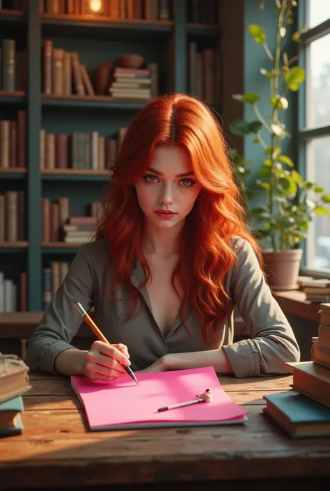 Image of a beautiful red-haired white woman in a bookstore writing a pink sticky note 