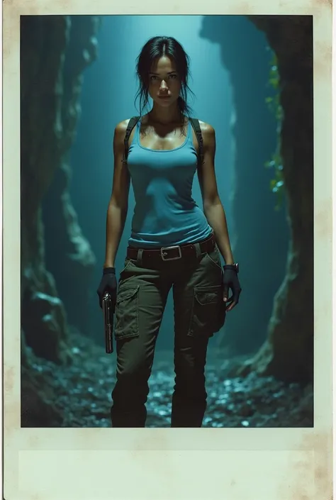 Lara Croft,Tomb Raider 2013,shot on a Polaroid photo, light blue tank tshirt ,tank pants,A plus body shape 