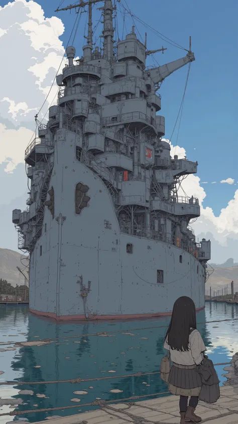  Live Action 、Genuine、    back view of a very beautiful Japanese high school girl 、uniform、 The large battleship Yamato floats  ,  a rope ladder hangs from the battleship、cloudy、 backlit、