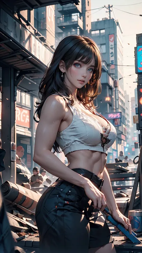 M1lly4c0k2222 Action shot of  (( Action shot of )),  big breasts,  toned body, (The explosion in the background、 abandoned city ), Style - BladeRunner2049-8v Complex,  high detail,  sharp concentration, dramatic, (( photorealistic))