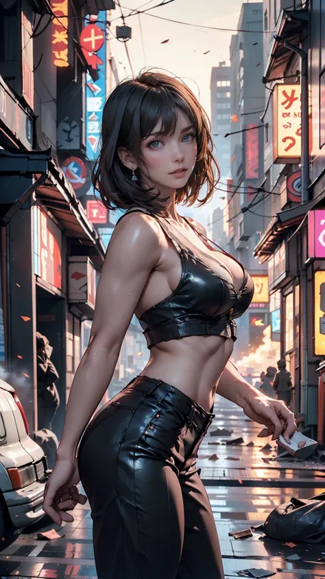 M1lly4c0k2222 Action shot of  (( Action shot of )),  big breasts,  toned body, (The explosion in the background、 abandoned city ), Style - BladeRunner2049-8v Complex,  high detail,  sharp concentration, dramatic, (( photorealistic))