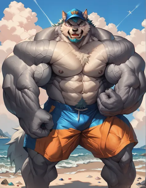 bara grey wolf, fur, very large pecs, strong physique, very muscular, perfect anatomy, masterpiece, strong jaw, giant biceps, shirtless, hairy pectorals, solo, great lighting, beach, shorts