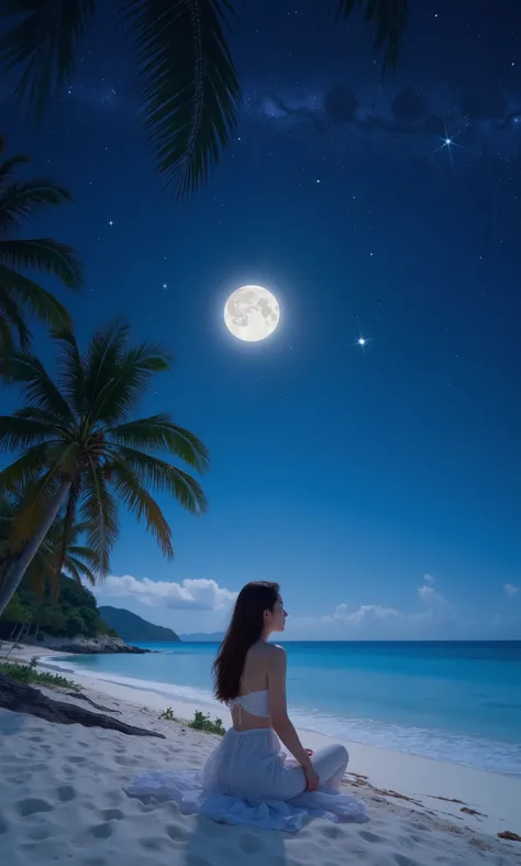 Realistic beautiful single girl 、 long, maroon hair with bangs、 clear white skin 、 balanced body、 A Midsummer Night's Dream、 palm trees、 white sands of the calm sea where the moon sets 、Sitting on a sandy beach and staring at the stars in the sky 、Stars fu...