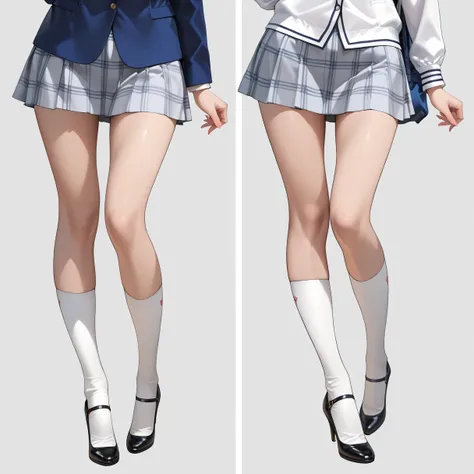 Close up of a woman wearing a skirt and high heels,  thigh-length socks and skirt ,  wearing a skirt ,  wearing a skirt  and high socks,  wearing a skirt , a  super realistic high school girl ,  miniskirt,  short skirt,  super realistic high school girl , ...