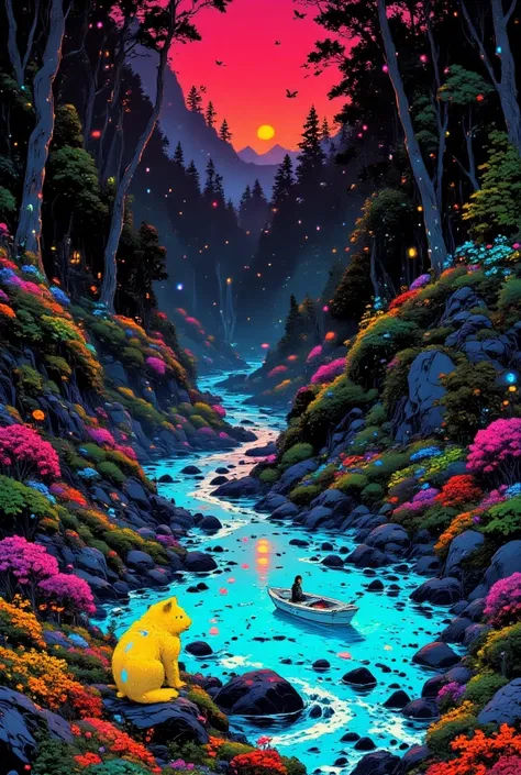 A fantastic crimson sunset in a fabulous forest.  Jungle Turquoise Lake Ukiyo-e Anime .  A lemon beast with neon streaks is furry and incredible sitting on the shore. A glowing white boat floating in the lake, lots of colorful plants, insects and fungi.  N...