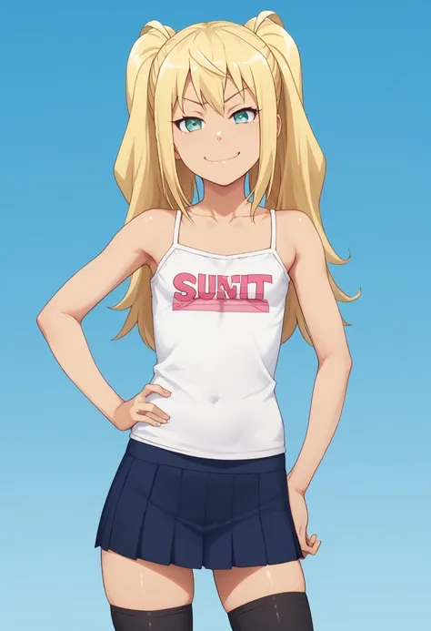 Sakura hibiki,suntan,flat chested,smug face,white camisole,female brat,blone hair twin tails,thighs,microskirt,super tight,hand on hip,print shirt,blue skirt,black thighhighs,