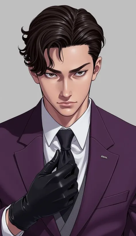 (Wavy perm haircut:1.2)Young man, Asian features, mid-20s, wearing a tailored, stylish purple suit jacket over a crisp white dress shirt.  Dark tie, black leather gloves,  hair is dark brown, short, and neatly styled.  Expression is confident and composed,...