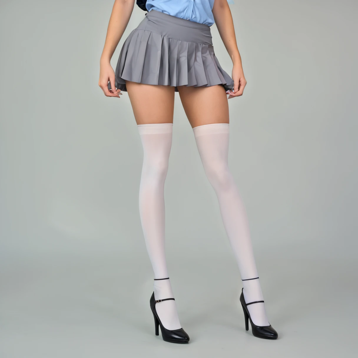 a close up of a woman in a skirt and high heels, thighhighs and skirt, wearing skirt, wearing skirt and high socks, wearing a skirt, a hyperrealistic schoolgirl, mini-skirt, short skirt, hyperrealistic schoolgirl, transparent gray skirts, good hips and lon...