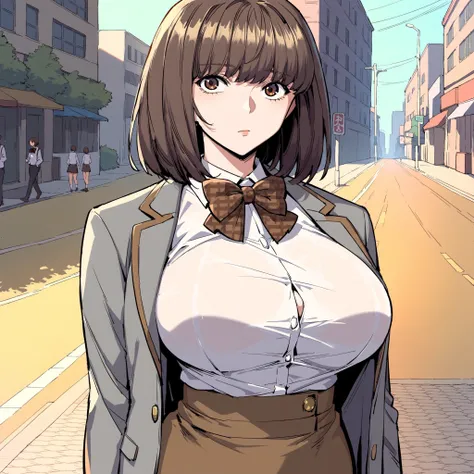 score_9, score_8_up, score_7_up, score_6_up, source_anime, rating_explicit, 1girl, solo, huge breasts, brown hair, medium hair, bob cut, brown eyes, school uniform, plaid bowtie, brown bowtie, grey jacket, white shirt, collared shirt, long sleeves, brown s...