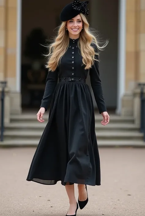 A high-quality photo of a young 23-year-old beautiful woman, she is royal family, she have long blonde hair and white skin. she is beautiful and soft makeup. She wearing midi black dress, withe pretty desain, the dress have long sleeves and have ribbon det...