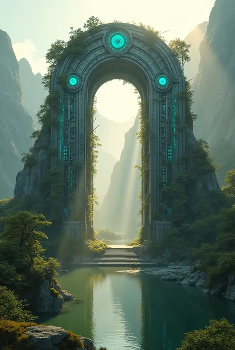 "A mesmerizing fusion of nature and mechanics: A colossal symmetrical mechanical structure, resembling an ancient yet futuristic gateway, stands in the middle of a serene landscape. Its intricate metallic framework is adorned with fine engravings, glowing ...