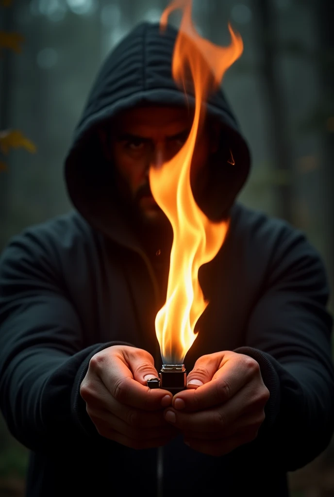 Create an image in which fire is blown form a lighter held by a man in dark