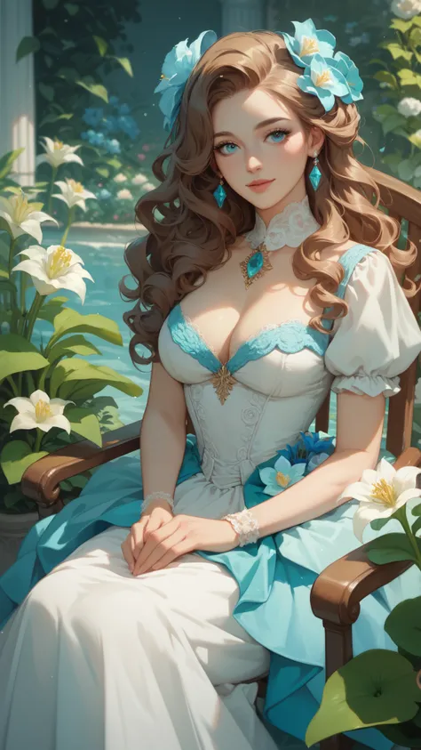 The brown-haired woman with long wavy hair and Aqua blue eyes like aquamarine. The background is a flower garden and she is sitting in a chair with her sitting gracefully like an aristocrat. She is wearing a long light blue and white dress with ornate lili...