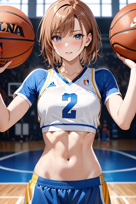 Basketball player,  sweaty, Beauty, Blush 1.5, 羞恥:1.5,  tight abs, ( Misaka Mikoto), masterpiece:1.5, masterpiece, highest quality, UHD, retina, masterpiece, accurate anatomy, super detailed, high quality, best quality, 8k