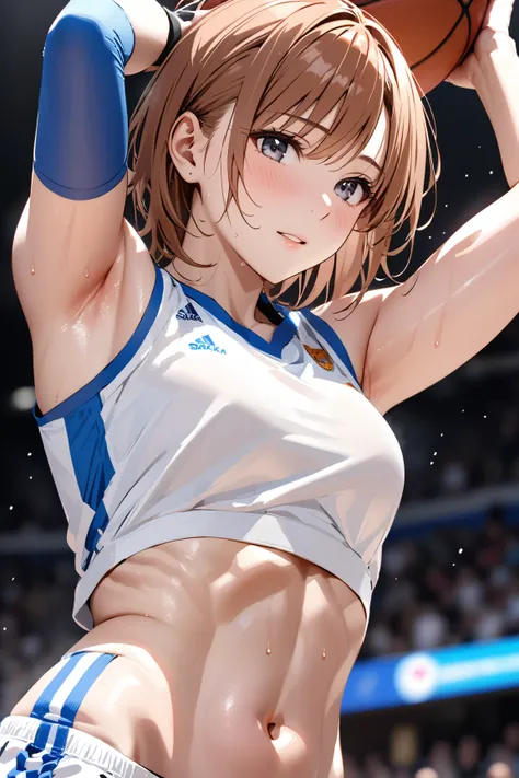 Basketball player,  sweaty, Beauty, Blush 1.5, 羞恥:1.5,  tight abs, ( Misaka Mikoto), masterpiece:1.5, masterpiece, highest quality, UHD, retina, masterpiece, accurate anatomy, super detailed, high quality, best quality, 8k