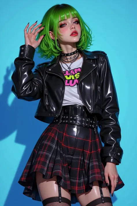  punk fashion woman with black as base , green bob hair with black mesh ,  genuine leather rider jacket ,Studs, chain on hand,zipper, Close Up ,  plaid or layered ruffle skirt,torn t-shirt,high contrast illustration, one-point tattoo on the neck ,The backg...