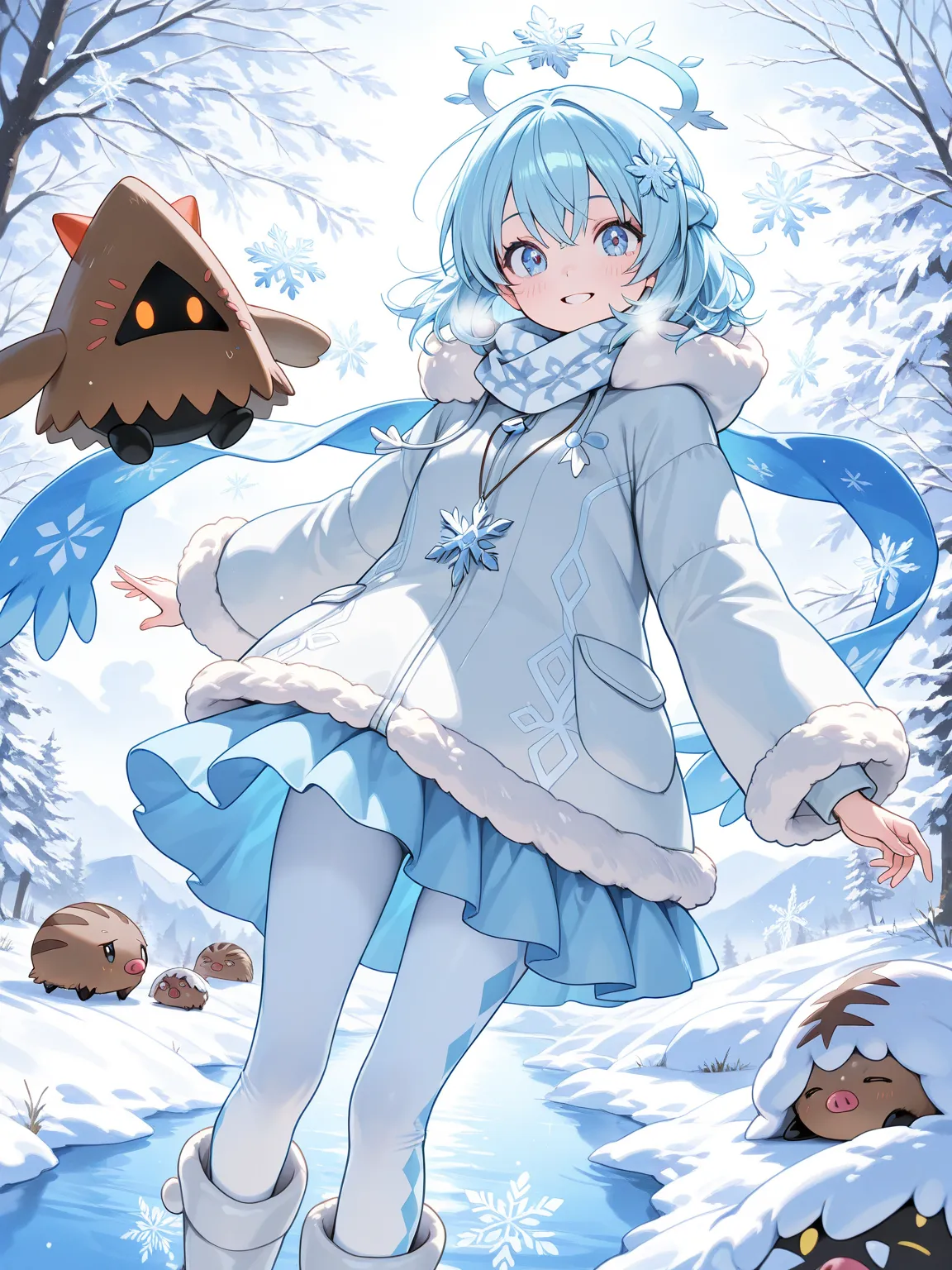 ((masterpiece, best quality, ultra-detailed character)), 1girl, A cute, young female Pokémon trainer with icy blue hair that cascades in soft waves, resembling snowflakes caught in the wind. Her outfit is wintery and stylish—she wears a light teal jacket w...