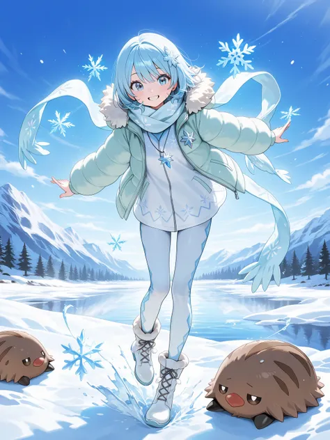 ((masterpiece, best quality, ultra-detailed character)), 1girl, A cute, young female Pokémon trainer with icy blue hair that cascades in soft waves, resembling snowflakes caught in the wind. Her outfit is wintery and stylish—she wears a light teal jacket w...