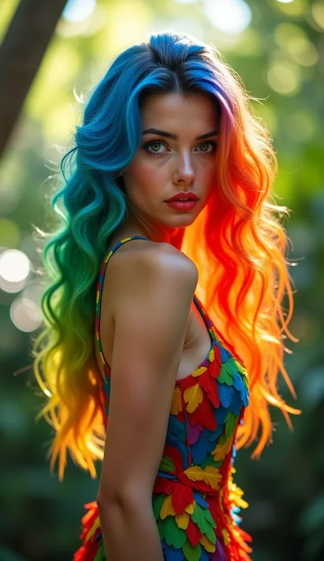 Rainbow Lorikeet
A stunning woman with vibrant rainbow-colored hair, blending electric blue, fiery orange, and bright green, styled in long wavy locks. Her mesmerizing eyes shine with an iridescent glow, and her lips are painted a striking sunset hue. She ...