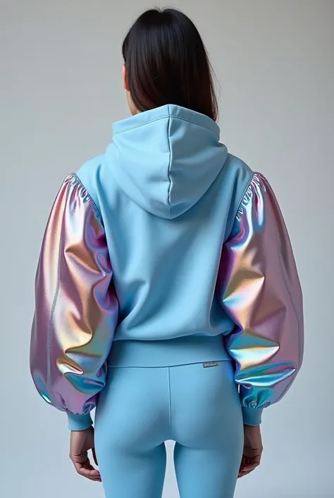 A futuristic and feminine hoodie with a sleek fitted silhouette and voluminous rainbow-inspired sleeves. The hoodie is crafted from certified organic cotton and 90% recycled fibers, blending comfort with sustainability. The sleeves feature holographic grad...