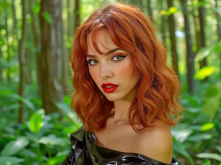 deep red lips, lip gloss, shiny lips, eyeliner flicks, thick eyeliner, latex outfit, cute makeup, red hair, green eyes, in a brightly lit forest,