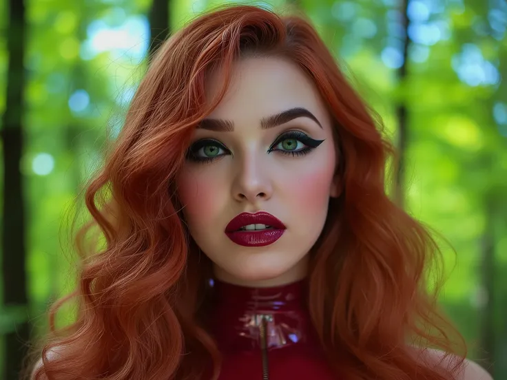 deep red lips, lip gloss, shiny lips, eyeliner flicks, thick eyeliner, latex outfit, cute makeup, red hair, green eyes, in a brightly lit forest,
