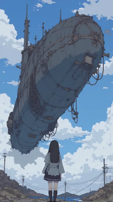  Live Action 、Genuine、    back view of a very beautiful Japanese high school girl 、uniform、 A large submarine is floating in the sky  ,  a rope ladder hangs from the submarine、cloudy、 backlit、