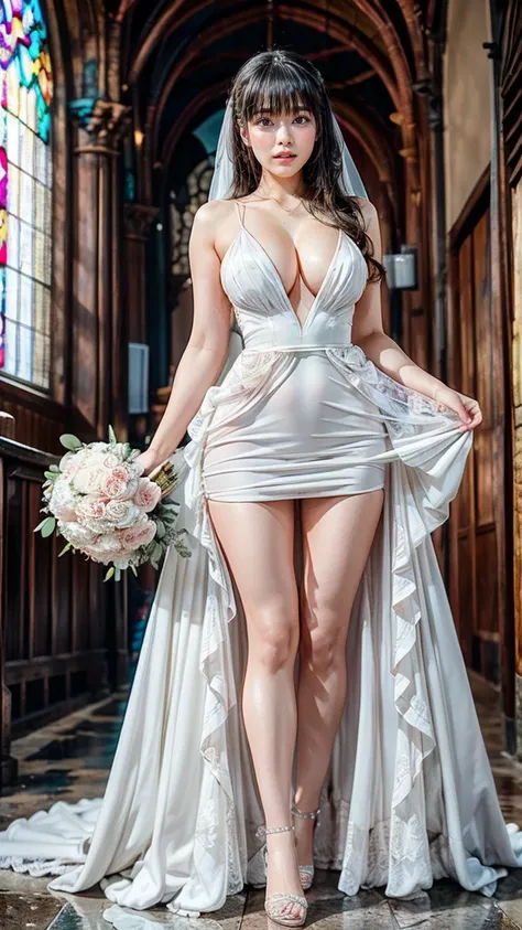 A beautiful young Japanese woman, 26 years old, with healthy thighs, beautiful legs, flawless skin, random hair color and style, large breasts, wearing a (wedding dress:1.3), (she is standing:1.2), full body shot, high heels, holding a bouquet in her hands...