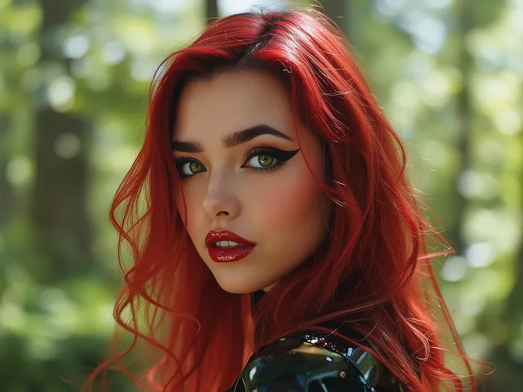 deep red lips, lip gloss, shiny lips, eyeliner flicks, thick eyeliner, latex outfit, cute makeup, red hair, green eyes, in a brightly lit forest,