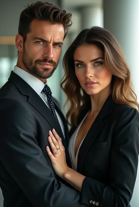 A couple in business attire with fierce look foreigner. The man has green eyes and while the woman has hazelnut eyes with baby