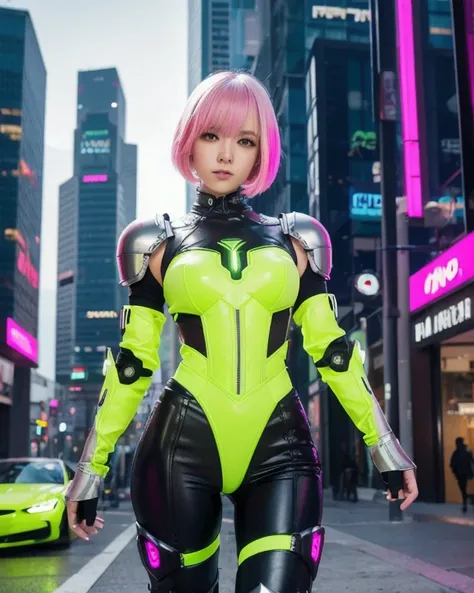 beautiful young woman, neon-yellow bob hair, pink eyes, green ultra-heavy sci-fi armor, silver armor pants, cyber mace, cyberpunk cityscape background