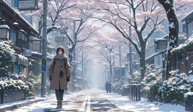  A woman walks along a sidewalk with beautiful street trees in Tokyo、 I'm wearing headphones 、It's winter and it's snowing
