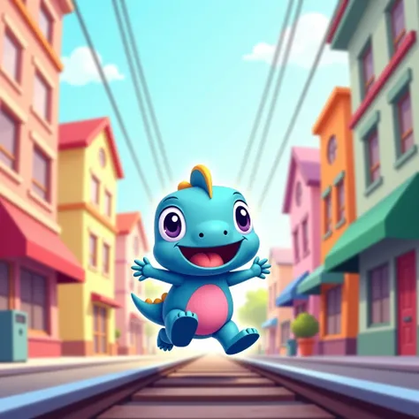  The image shows a cartoon-style scene of an anthropomorphic blue creature running along the train tracks.  The creature It looks like a small and friendly blue dinosaur , with big bulging eyes ,  an open mouth in a cheerful expression and a pink patch on ...