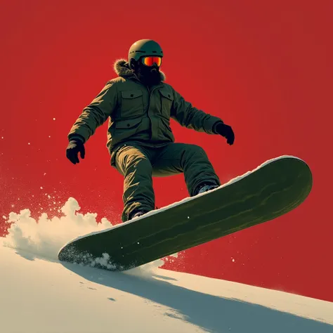 a man in army with a black ring beard with a snow helm snowboarding on a giant pickle, dark red background