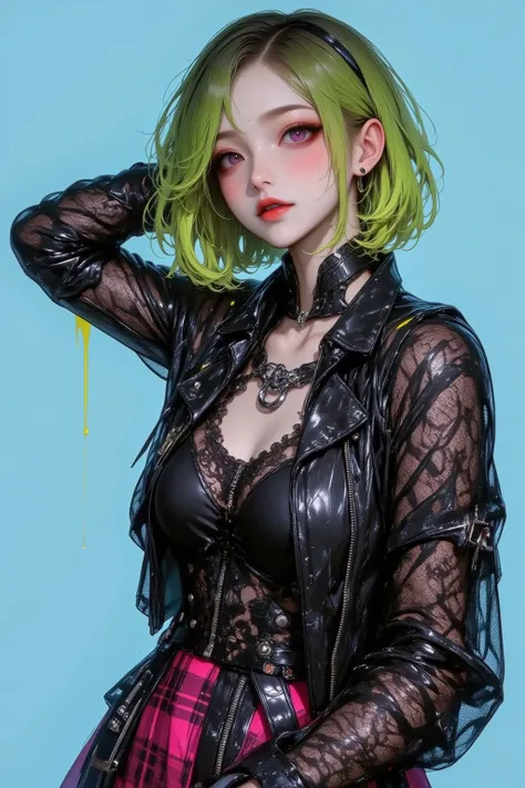  punk fashion woman with black as base , green bob hair with black mesh ,  genuine leather rider jacket ,Studs, chain on hand,zipper, Close Up ,  plaid or layered ruffle skirt,torn t-shirt,high contrast illustration, one-point tattoo on the neck ,The backg...