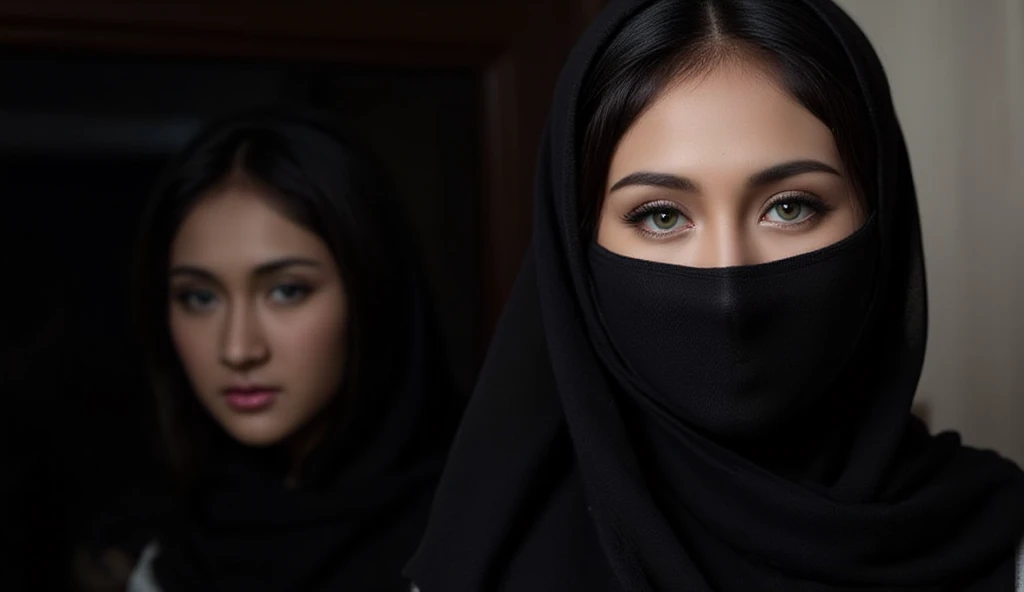  On the right is a woman wearing a black niqab,  which covers her entire face except her eye area .  She also wears a hijab or a long veil that covers her head neatly . On the left there is a black or dark background image,  creates a sharp contrast to the...