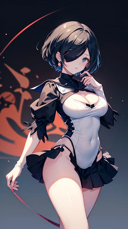 score_9,score_8_up,score_7_up,solo,1girl,2b \(nier:automata\),nier \(series\),black hair,blue blindfold,earrings,(sailor senshi uniform),cross-laced cutout,o-ring,cleavage,large breasts,slim body,slim legs,blur background,