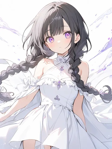 1 girl, bangs, black hair, twin braids, violet eyes, white robe, dress