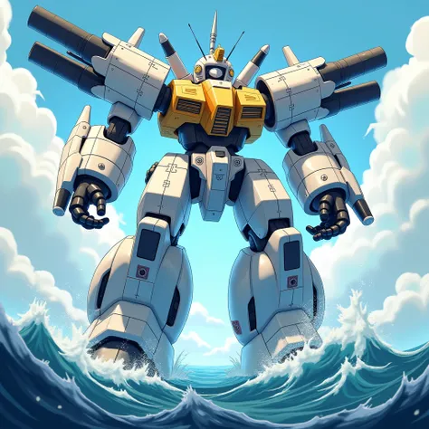 3D cartoon art.
A colossal battleship-type robot emerges from the rough sea waves. The robot features heavy armor primarily in white and gold, with glowing blue energy lines running across its structure. Its head resembles a battleship's command bridge, eq...