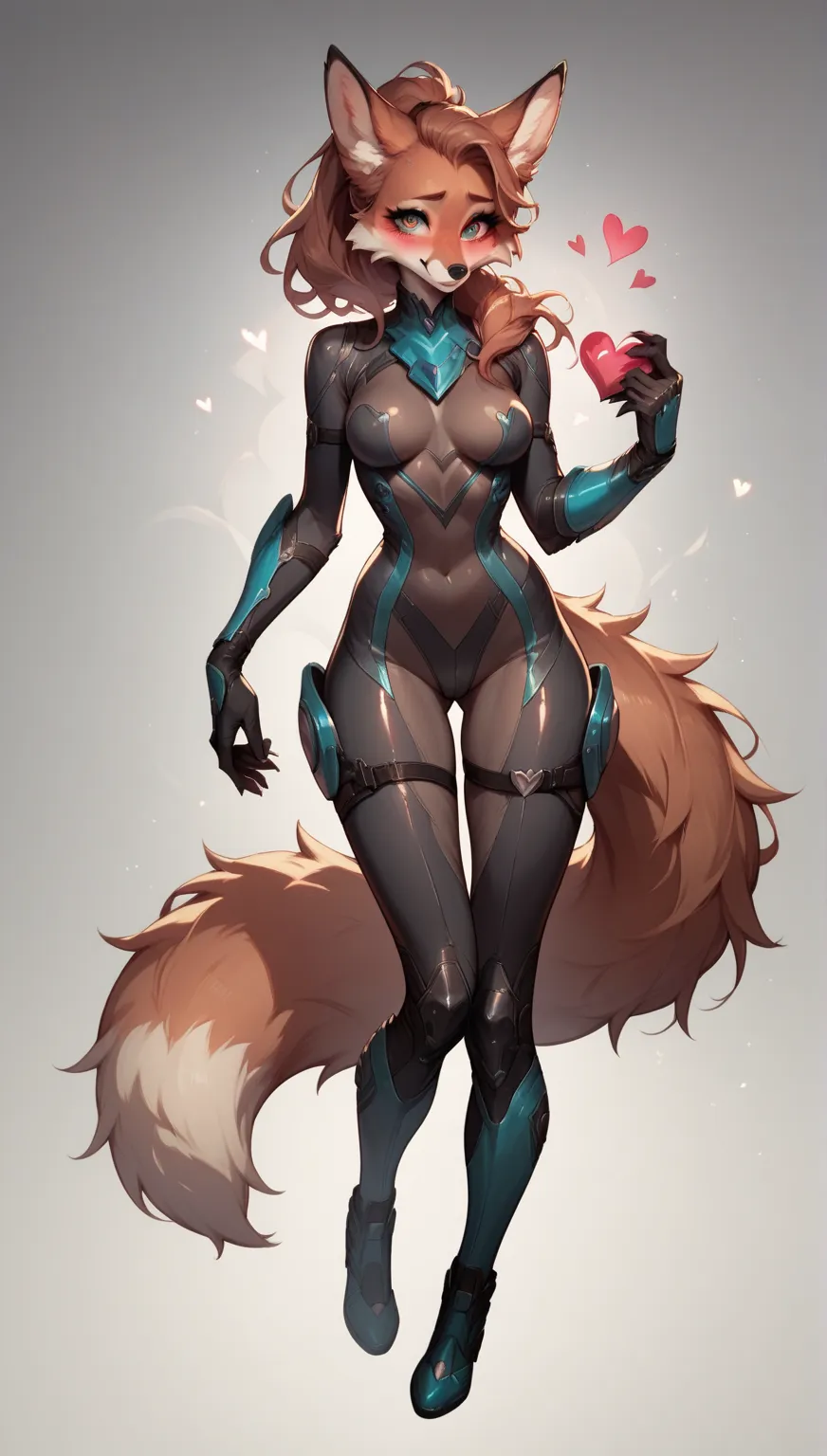 Furry, Fluffy fox , 3.0, woman, bodysuit, blush, lustful look, hearts in eyes, full body